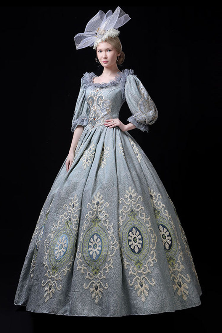 Blue Victorian Boat Neck Dress with Floral Embroidery - Altfashion Shop