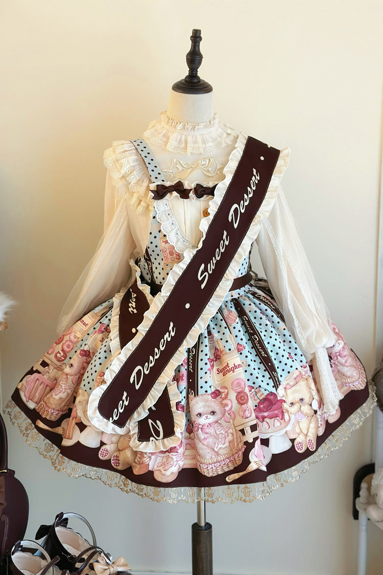 Multi-Color Cat Chocolate Patisserie Sleeveless Printed Ruffled Bow Lace Sweet Strap Dress