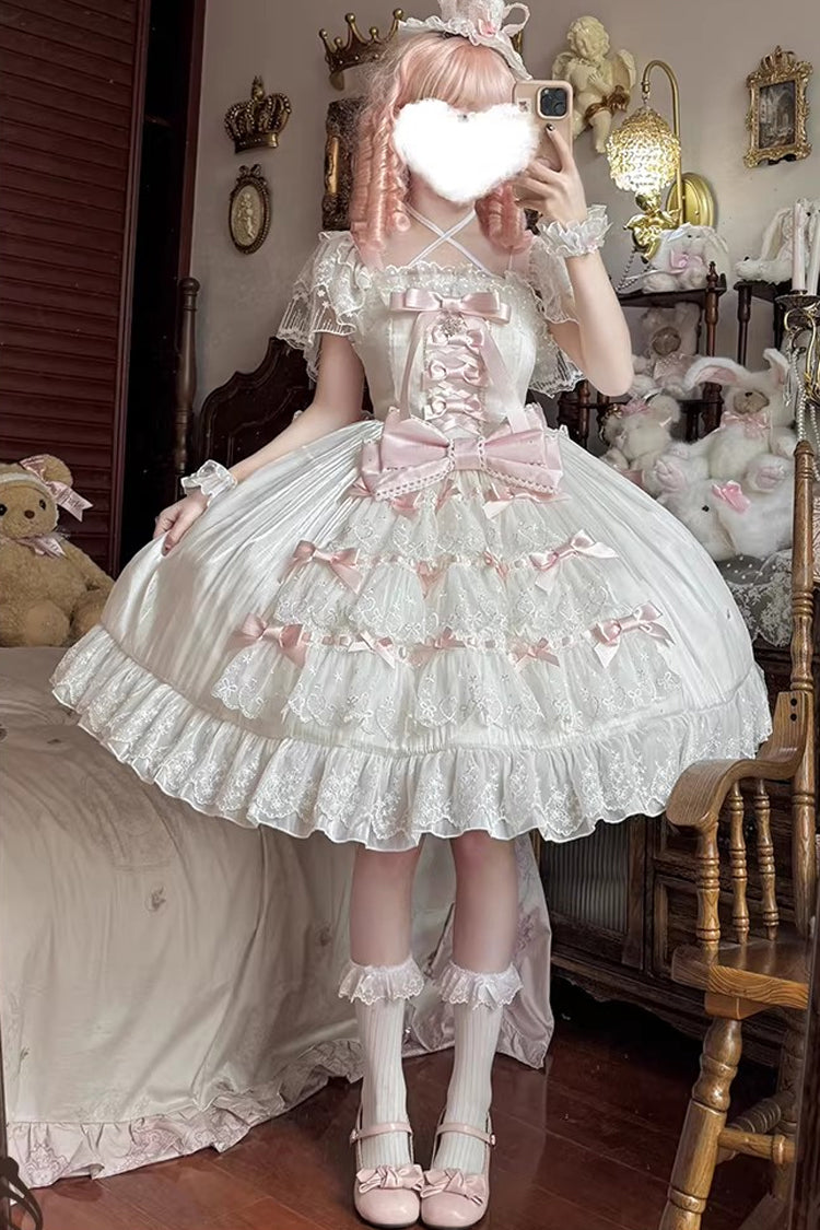 White Pink Snow of Love Ruffled Hanayome Open-Front Bow Lace Sweet Princess Dress