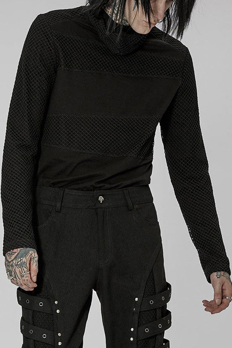 High-Collar Masked Mesh Long-Sleeve Punk Tee