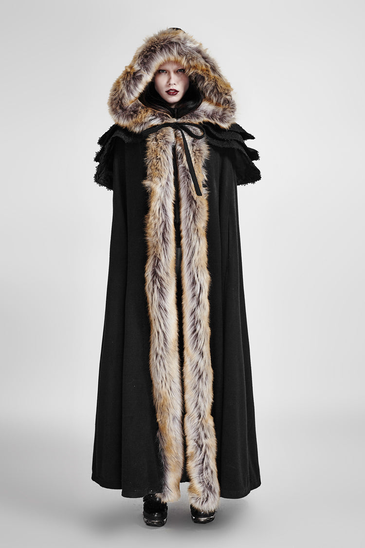 Women's Gothic Coat Cloak with Hooded Fur Collar Wool Long Design