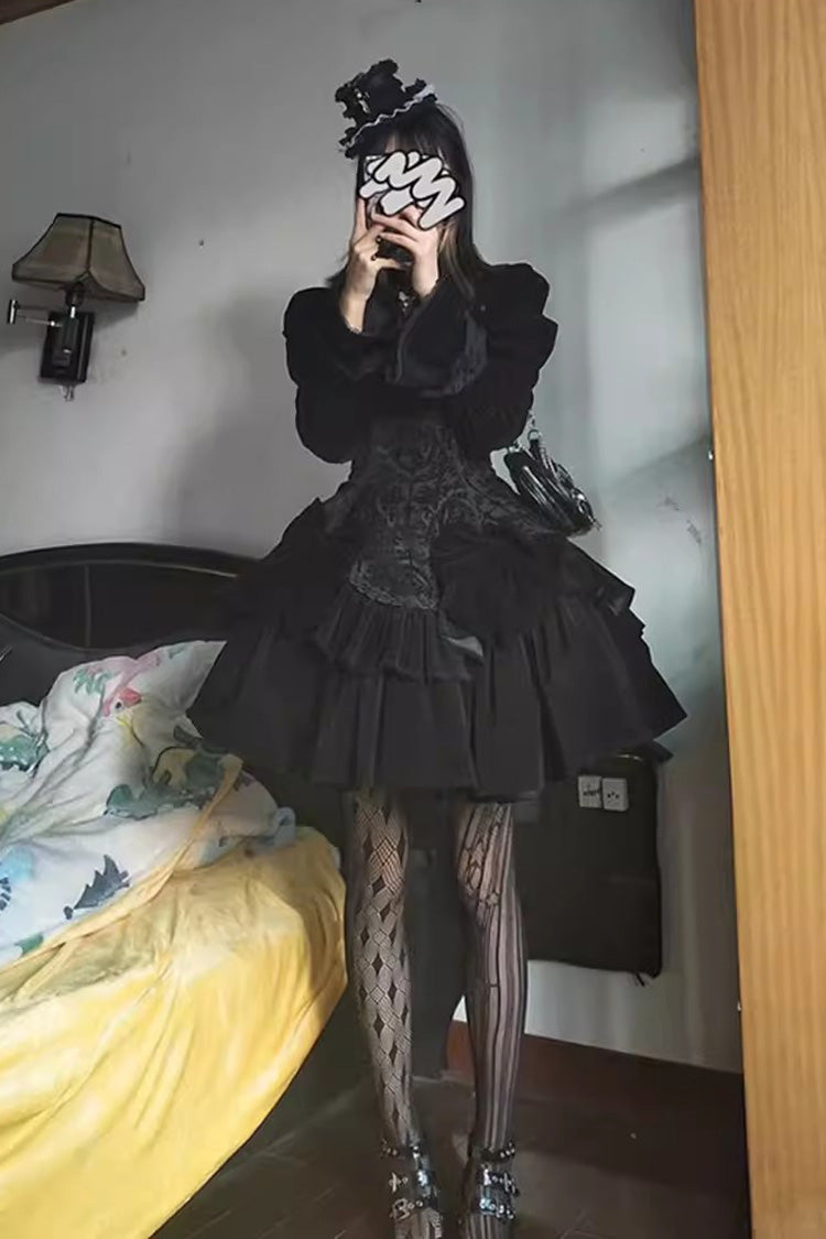 Black Gothic Lolita Long Sleeve Jacquard Print Ruffle Dress