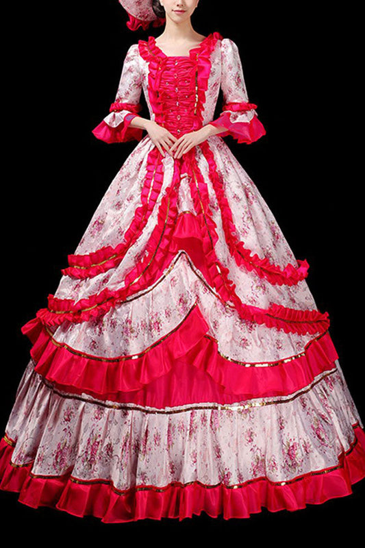 Floral Print Ruffled Multi-Layer Victorian Gown - Half Sleeves