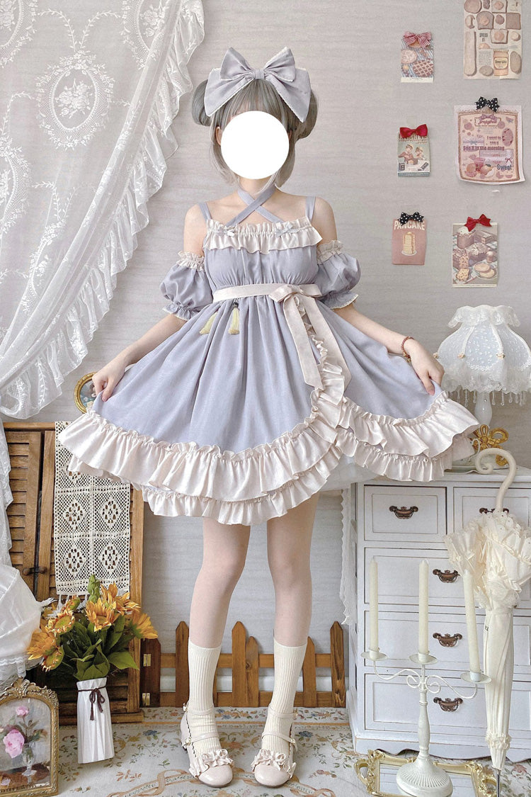 Sweet Lolita JSK Dress with Asymmetric Ruffle, High Waist, Grey Monet Estate