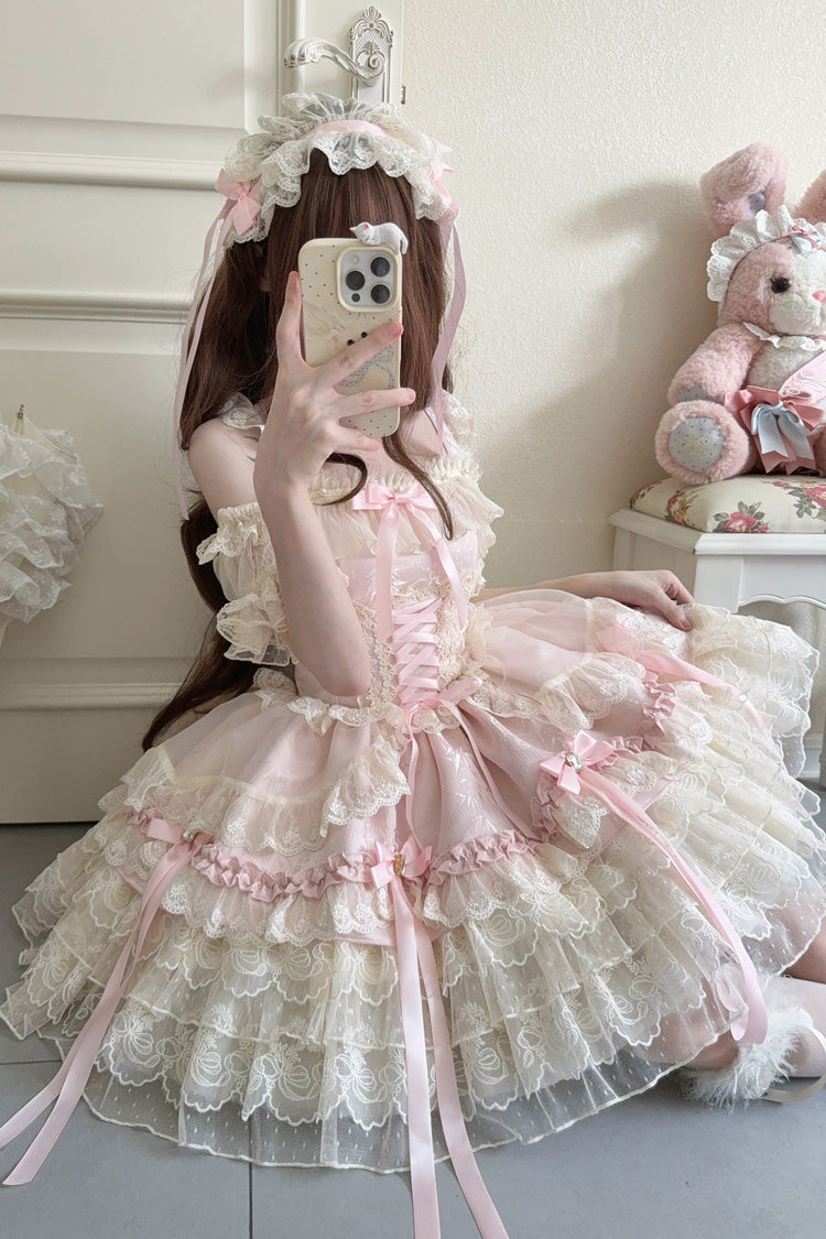 Rose Sleeveless Layered Ruffle Bow Lace Corset Ballet Jumper Dress - Ribbon Heart Love