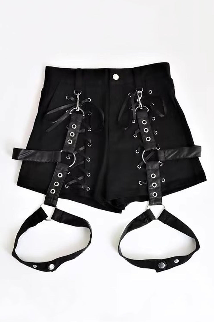 Black Gothic Jirai Kei Detachable Belted Shorts with Leg Harness