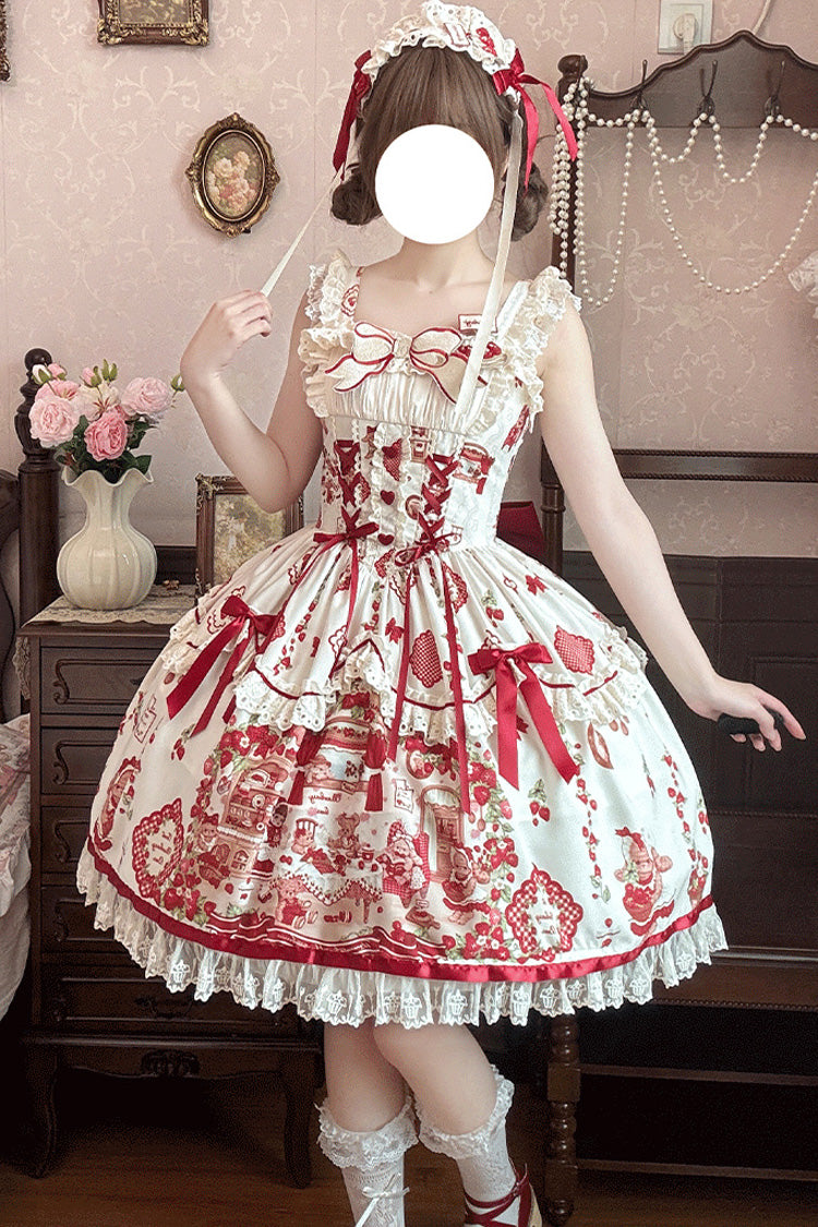 Ivory Scarlet Sleeveless Printed Ruffle Embroidered Bow Lace Sweet Jumper Dress - Strawberry Bear