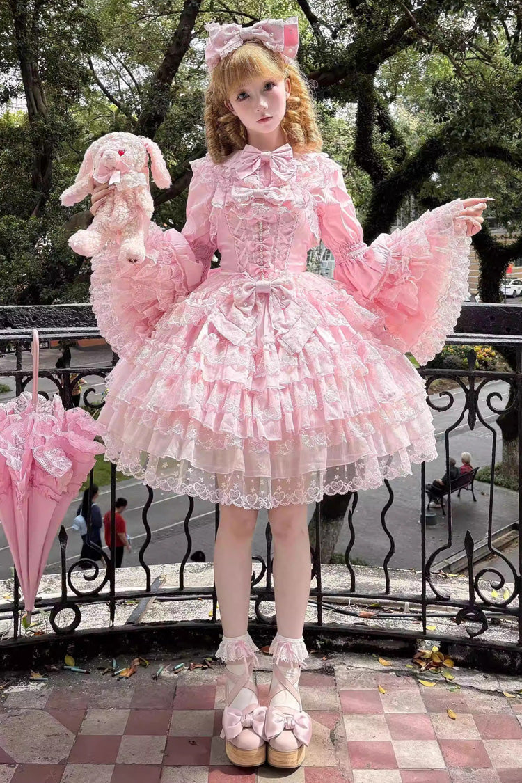 Pink Love Overture Multilayer Ruffled Bowknot Lace Sweet Lolita JSK