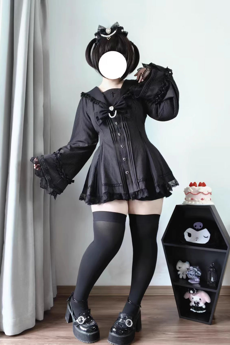 Dark Night Prayer Square Collar Long Sleeve Bow Lace Pearl Sweet Jirai Kei Dress and Shorts Set