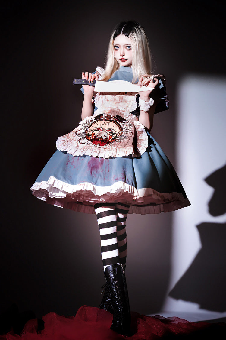 Blue Gothic Lolita Dress with Long Sleeves and Ruffles