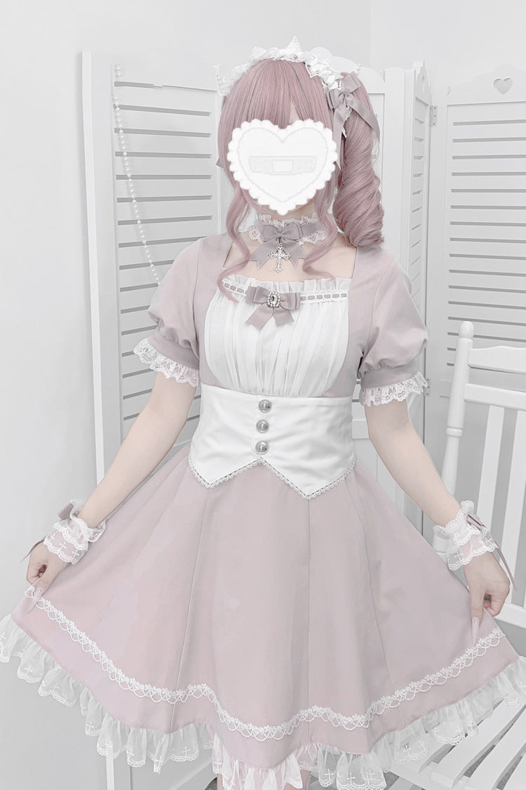 Pastel Pink Short Sleeve Ruffle Bow Cross Waist Maid Sweet Japanese Dress Set