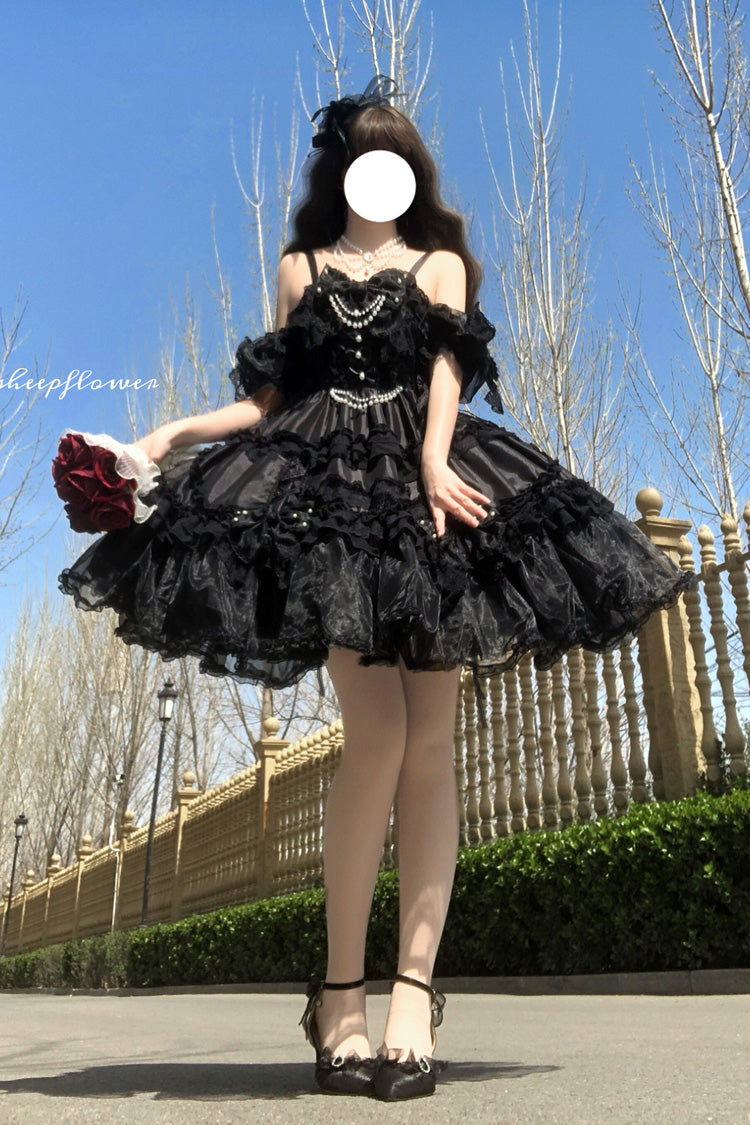 Off-Shoulder Jsk Dress with Multi-Layered Ruffles and Bow