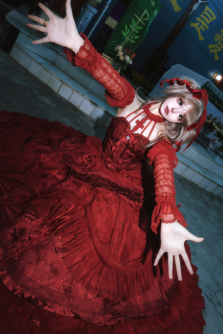 Wine Red Cross Halterneck Ruffle Bowknot Lace Lace-Up Gothic Dress