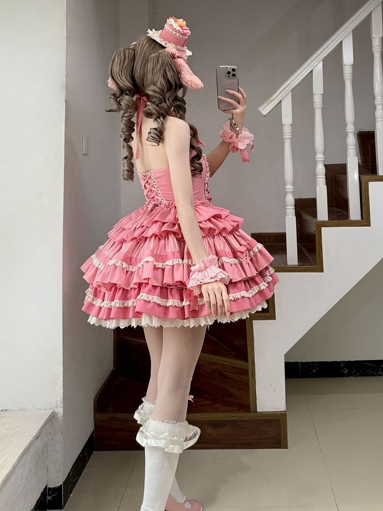 Pink Rose Halter Ruffle Skirt Neck Sweet Bow Lolita Idol Tiered Accents Dress