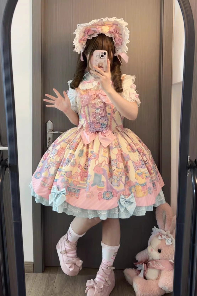 Rainbow Bunny Print Sleeveless Ribbon Doll JSK Dress Set - Ruffled Bow