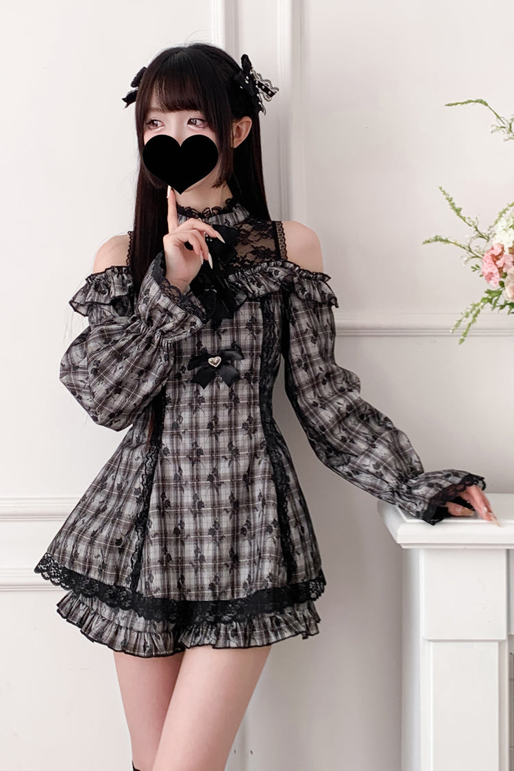Sweet Off Shoulder Halterneck Long Sleeve Ruffled Bow Lace Jirai Kei Dress Shorts Set