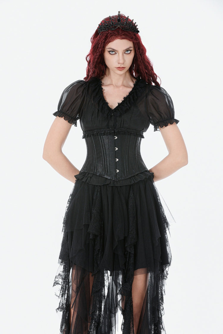 Matte Black Lace-Up Underbust Corset with Sheer Panels - Punk Style