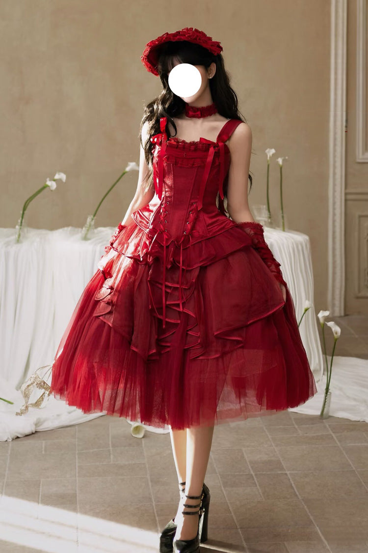 Scarlet The Summer Waves Sparkle Square Neck Sleeveless Multi-Layered Ruffled Bow Laced Slim Lolita Skirt Set
