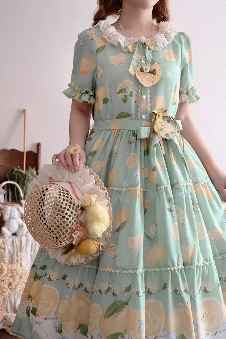 Verdant Short Sleeve Printed Ruffle Bow Lace Daily Sweet Dress - Lemon Chicken