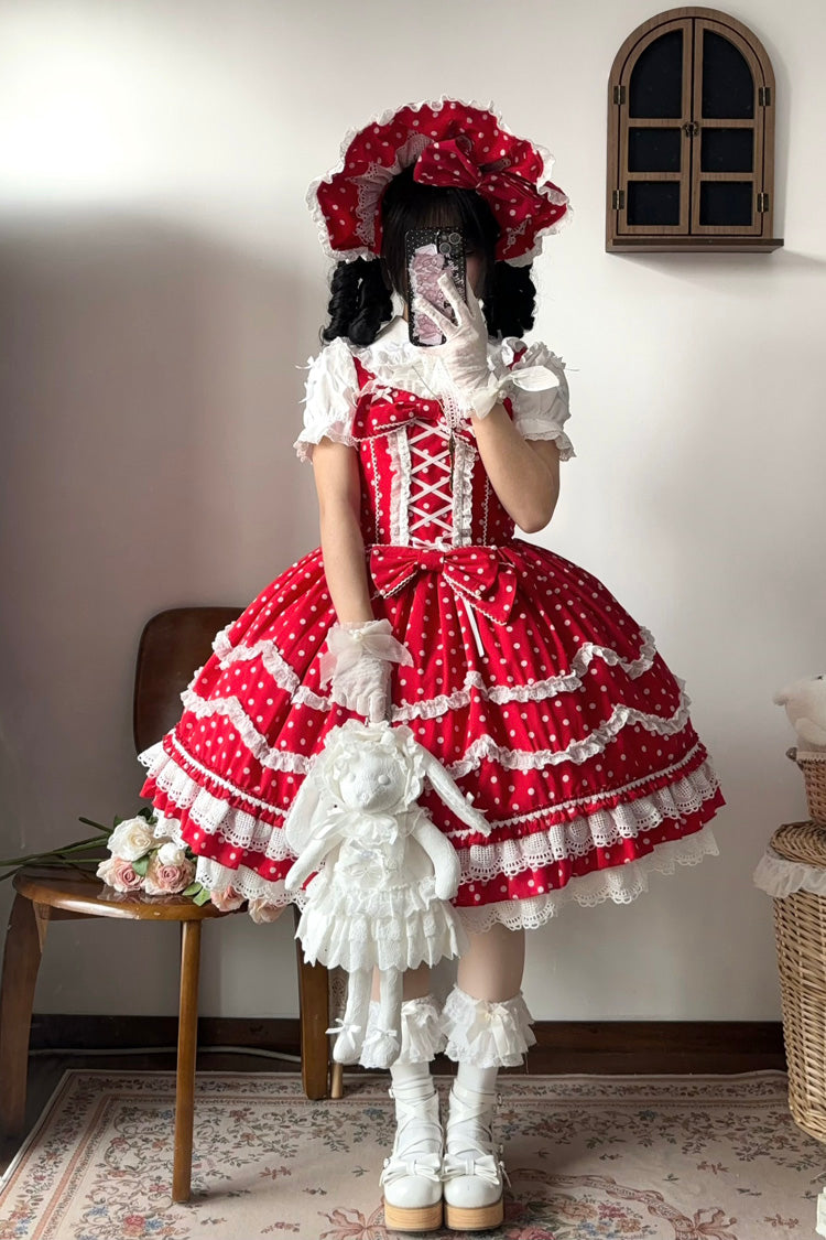 Red Polka Dot Floral Ruffle Lace Up Sweet Lolita Dress