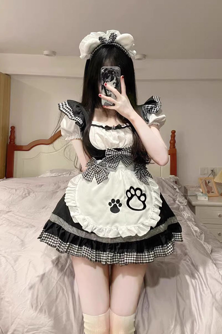 Monochrome Plus-Size Sweet Maid Dress with Cat Paw Print and Short Sleeves
