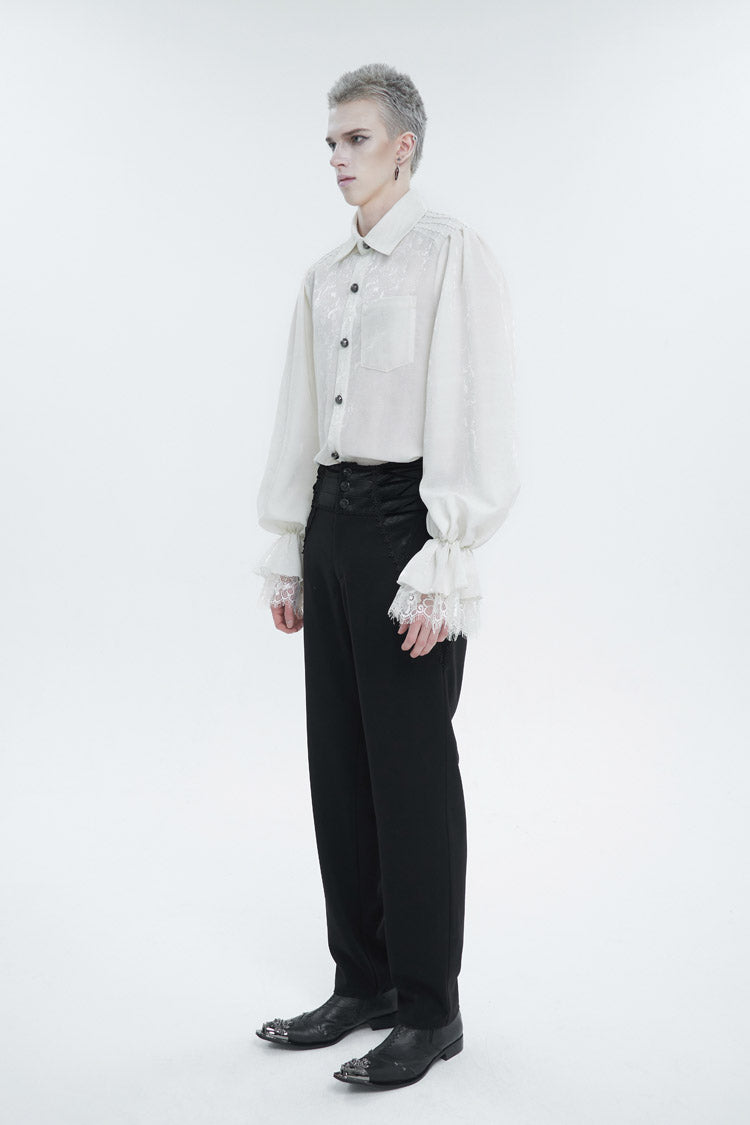 Ivory Gothic Shirt with Puff Sleeves and Lace Hem for Men
