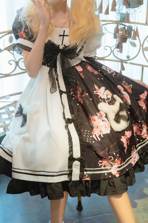 Monochrome Sailor Collar Berry Bear Print Ruffled Hem Sweet Dress