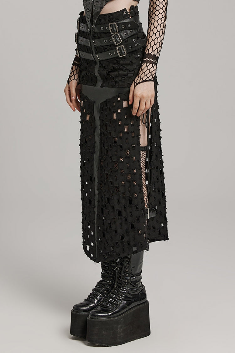 Steampunk Skirt with Cross-Taped Stitching, Lace-Up & Ripped Cutout Details