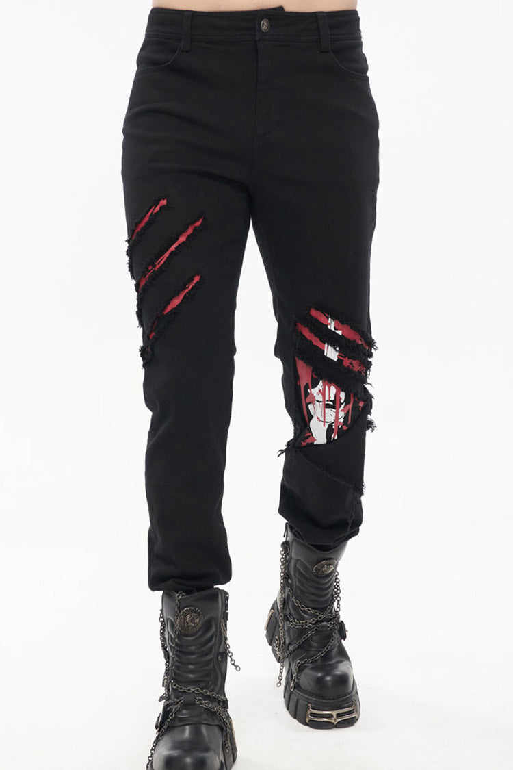 Ripped Leg-Bone Print Punk Trousers in Twill