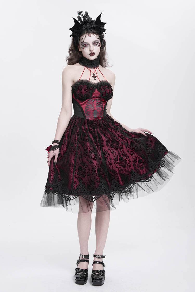 Crimson Halterneck Skeleton Print Embroidered Stitching Lace Gothic Gown