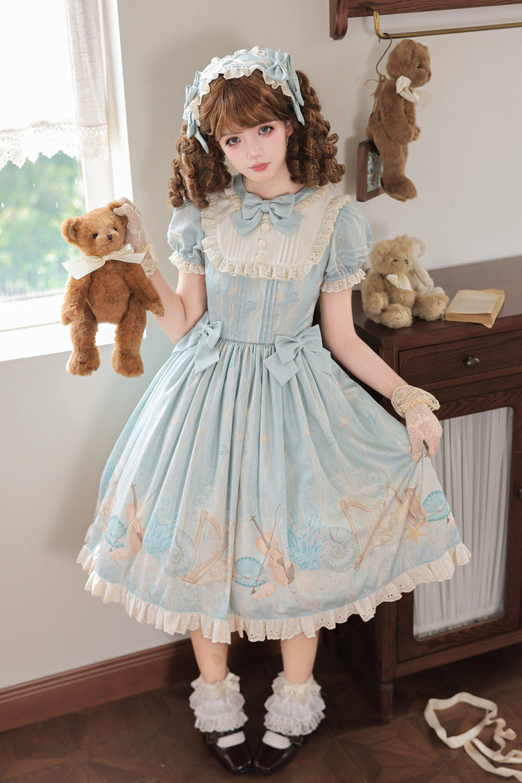 Underwater Concert Round Collar Short Sleeve Printed Bow Sweet Lolita Gown