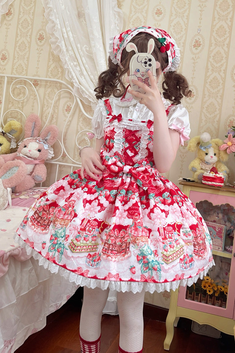 Crimson Strawberry Cocoa Jam Print Sleeveless Frill Bow Lace Sweet Lolita Jumper Dress