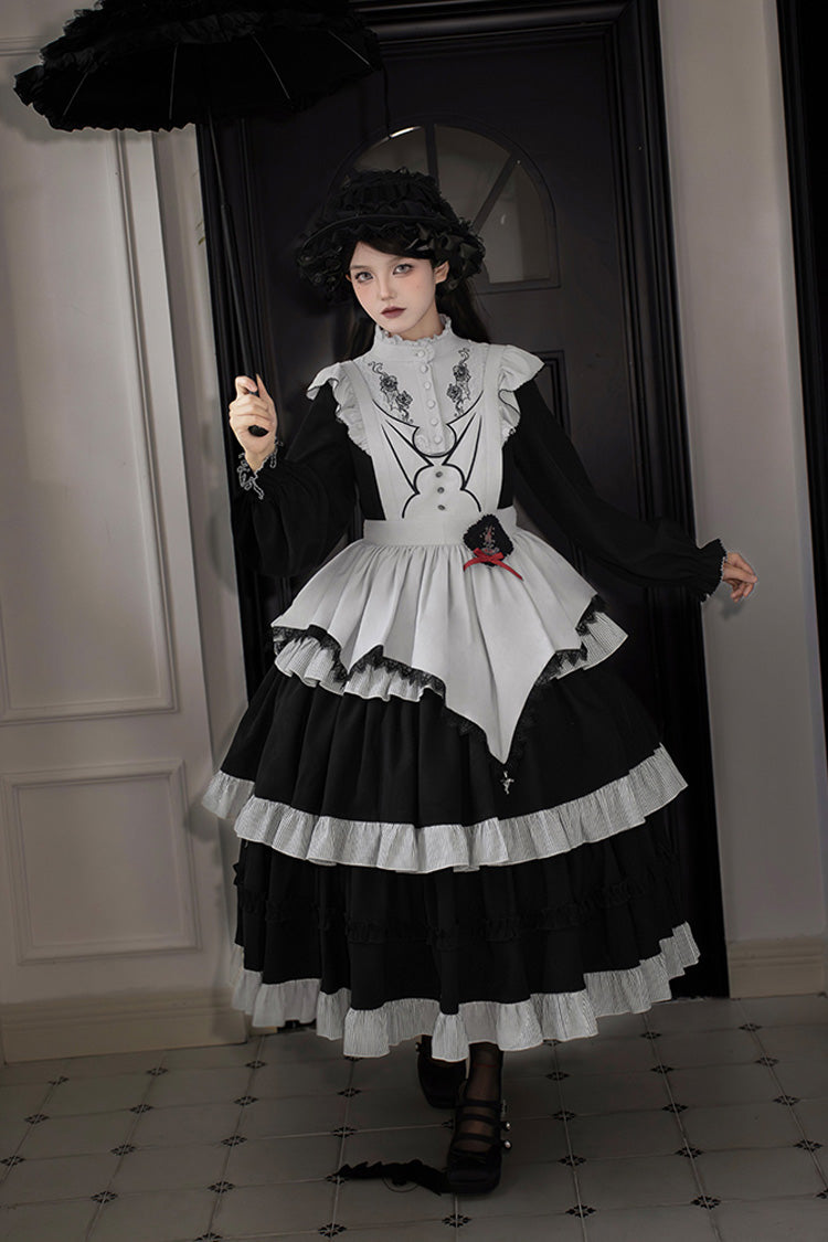 Gothic Ruffle Embroidered Long-Sleeve Dress in 2 Colors - Castle Night