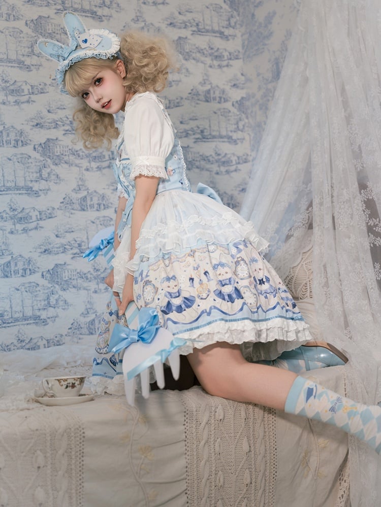 Alice Bunny Dress Lolita Print Blue and Clock Sweet