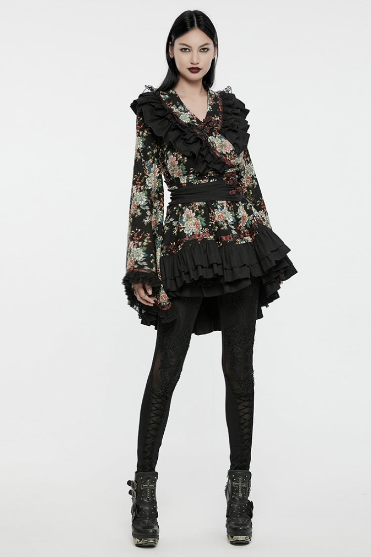 Charcoal Long Sleeve Floral Print Ruffle Gothic Kimono Dress Set