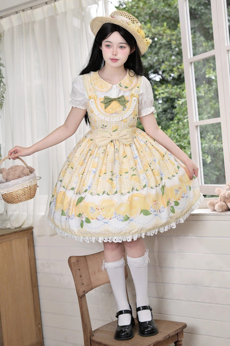 Sunshine Printed Ruffle Bow Lace Sweet Jumper Dress - Lemon Chicken