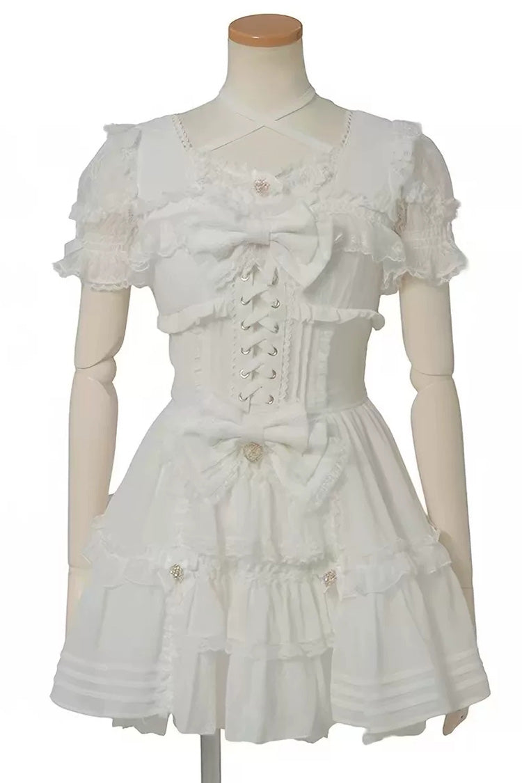 Sweet Short Sleeves Ruffled Bow Lace Jirai Kei Japanese Plus Size Lolita Dress 3 Colors