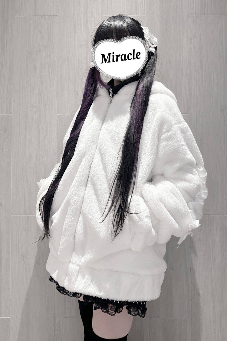 Bear Ears Long Sleeves Bow Lace-Up Hooded Zippered Sweet Jirai Kei Coat