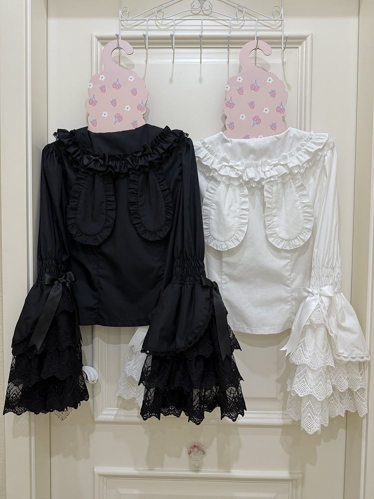 Shirt Bunny White Pink Black / Sleeves Collar Ears Long