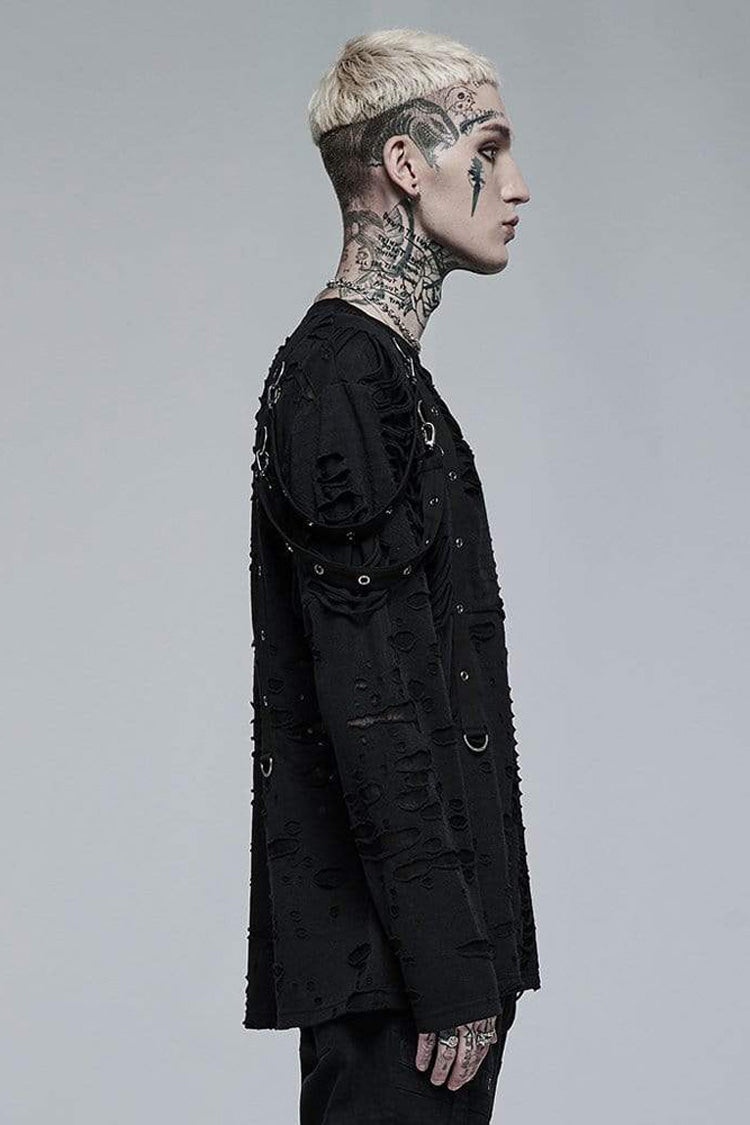 Gothic Distressed Knit Metal Buckle Removable Strap Long-Sleeve Tee