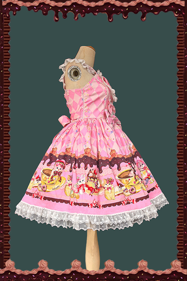 Sleeveless Lace Bow Print Sweet JSK Dress in 3 Colors - Cream Meow