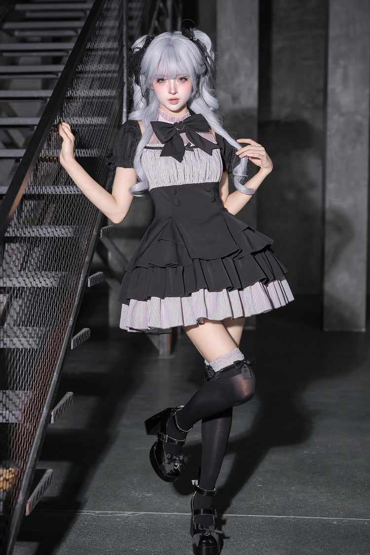 Halterneck Square Collar Ruffled Lolita Dress Set - Black/Grey