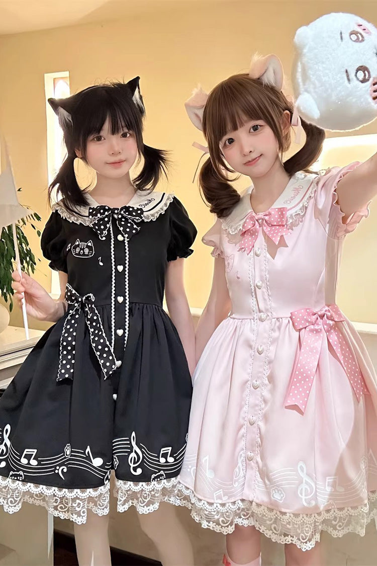 Pink Melody Kitty Doll Collar Short Sleeves Ruffled Embroidered Bow Lace Sweet Dress