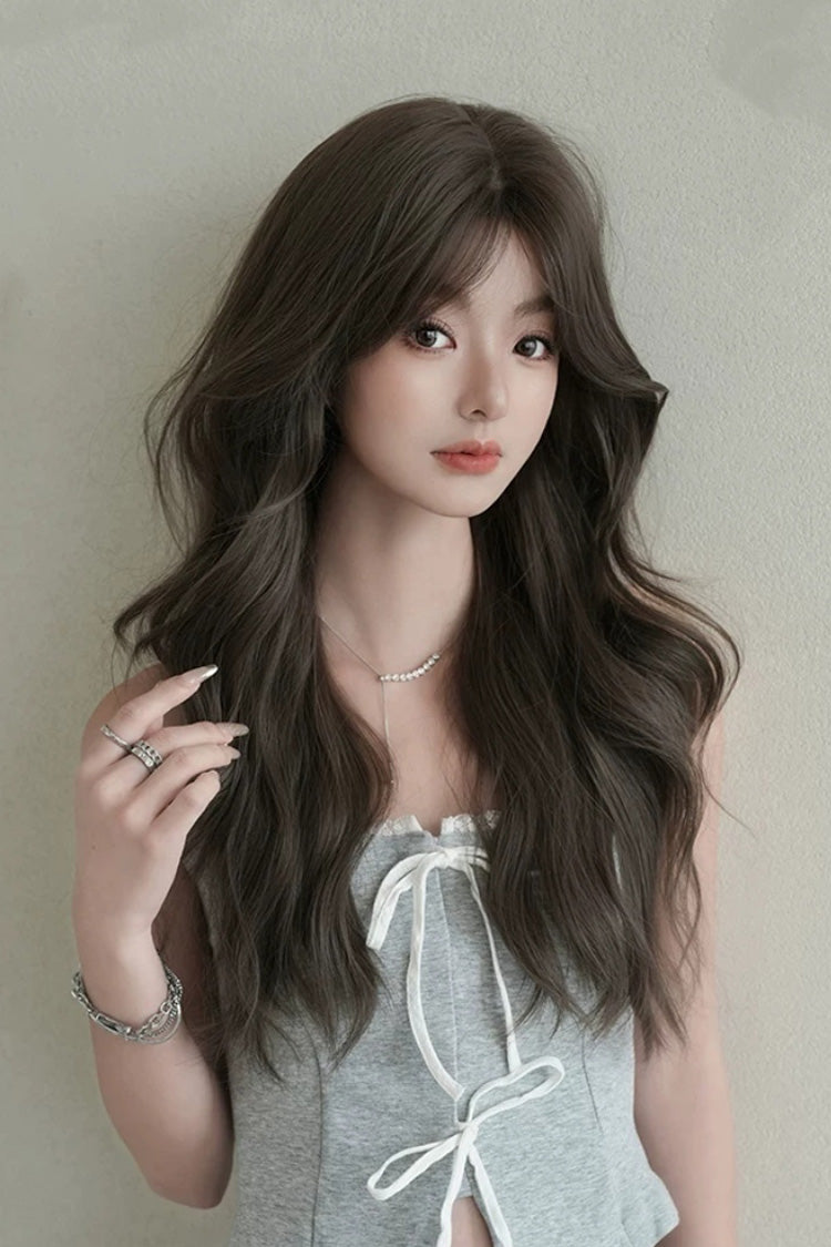 Fluffy Chestnut Brown Wavy Wig with Face-Framing Curtain Bangs