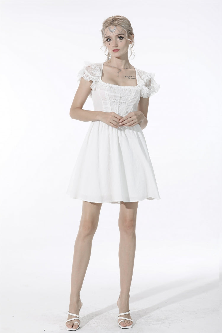 Ivory Layered Lace Square Neckline Strappy Gothic Mini Dress for Women