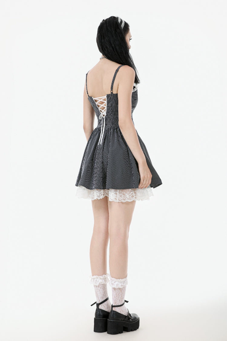 Monochrome Gothic Lolita Slip Dress with Pinstripes and Lace-Up Details