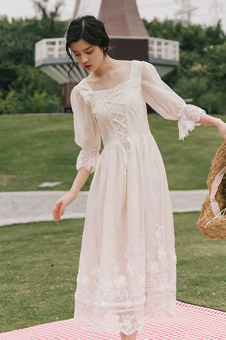 Ivory Sweet Lolita OP Dress with Lace Floral Embroidery and Half Sleeves