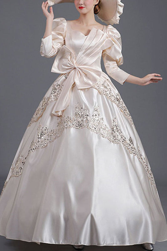 Champagne Victorian Dress with Asymmetric Bow and Lace - Altfashion Shop