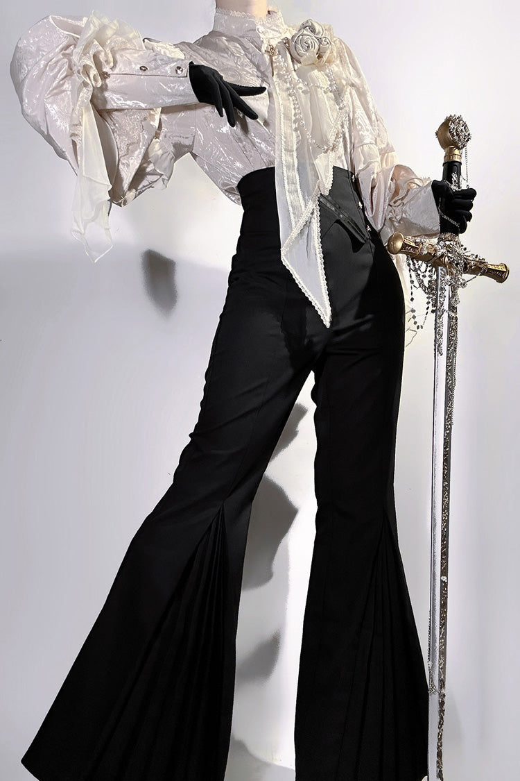 Noir Stand Collar Long Puff Sleeve Ruffled Embroidered Bow Prince Set - The Rose and the Sword