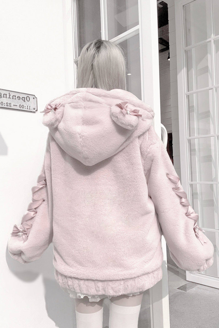 Bear Ears Long Sleeves Bow Lace-Up Hooded Zippered Sweet Jirai Kei Coat